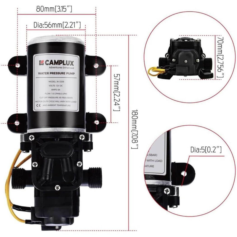 Load image into Gallery viewer, Camplux 12V Water Pump 65PSI DC 1.6GPM 6LPM Diaphragm