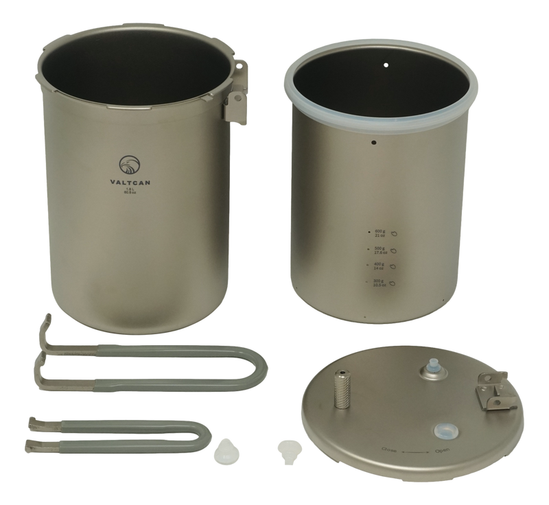 Load image into Gallery viewer, Valtcan 1800ml Titanium Pressure Pot Perfect Rice. Any Flame. Any Altitude. 35 kPa Locking Lid · Rice in 20 Minutes · 1.3 lbs