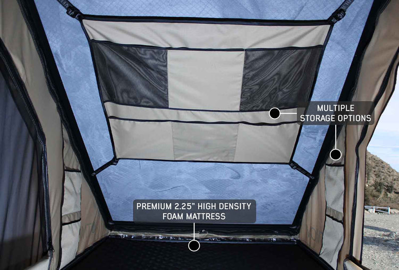 Load image into Gallery viewer, LD TMON Clamshell Aluminum Hard Shell Roof Top Tent - 2 Person Capacity, Tan Body & Green Rainfly