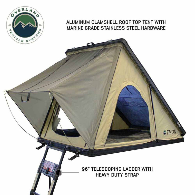Load image into Gallery viewer, LD TMON Clamshell Aluminum Hard Shell Roof Top Tent - 2 Person Capacity, Tan Body & Green Rainfly
