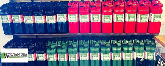 multi-colored Wavian Jerry Cans on shelf
