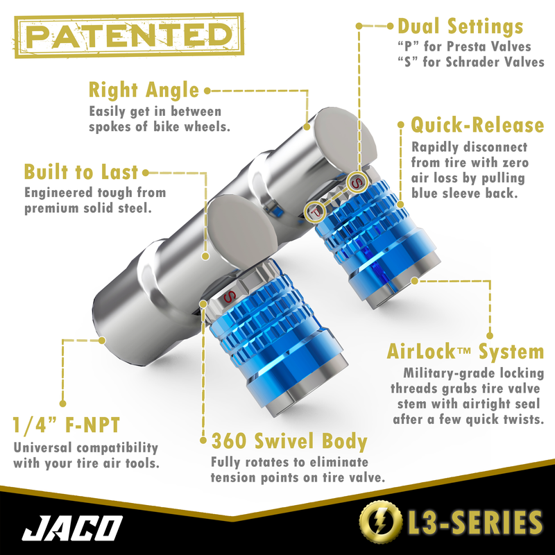 Load image into Gallery viewer, Lightning™ L3-Series Bike Tire Air Chuck - 1/4&quot; F-NPT (Presta + Schrader Valves) | Open Flow (2 Pack)
