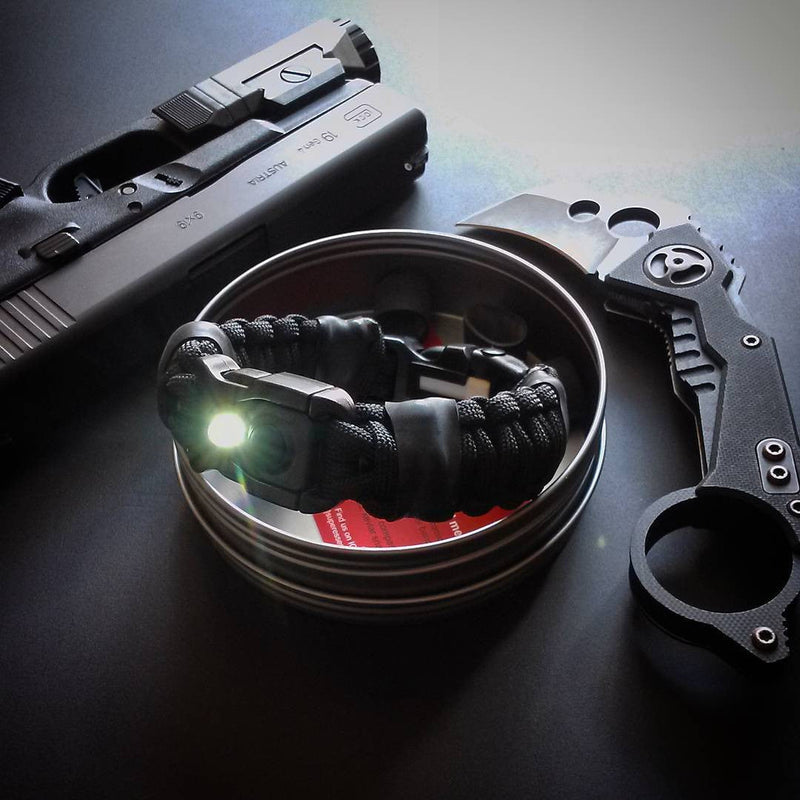 Load image into Gallery viewer, EDC Prepper - Paracord Bracelet Urban Tool Kit Equipped w/ LED Light, fire starter, blade, compass.
