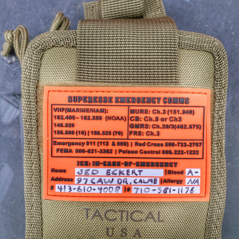 Load image into Gallery viewer, Storage Pocket Patch:  Emergency Comms with Radio Frequency/Channel and Telephone Contact Numbers, ICE Card
