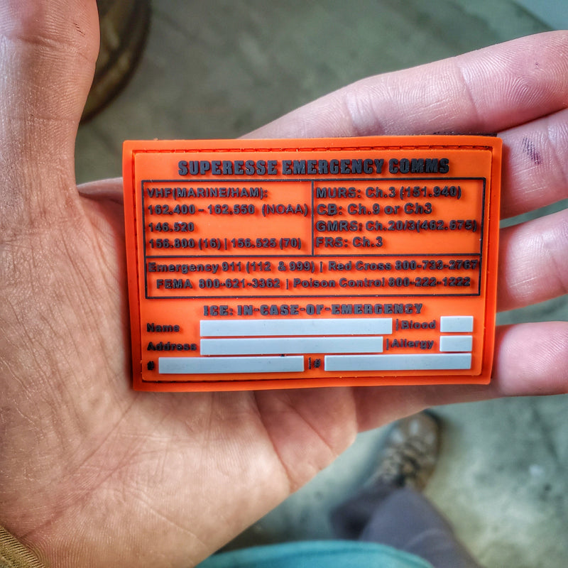 Load image into Gallery viewer, Storage Pocket Patch:  Emergency Comms with Radio Frequency/Channel and Telephone Contact Numbers, ICE Card
