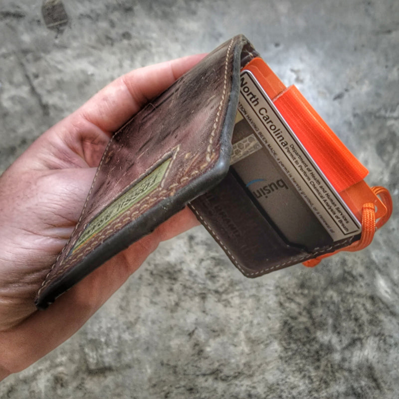 Load image into Gallery viewer, Tape Card - Duct Tape wrapped Orange Credit Card w/ Paracord Lanyard
