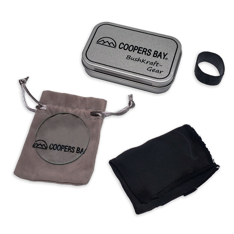 Load image into Gallery viewer, Lens Burning Fire Starter Kit - Includes Glass Magnifying Lens, Char Cloth &amp; Tin
