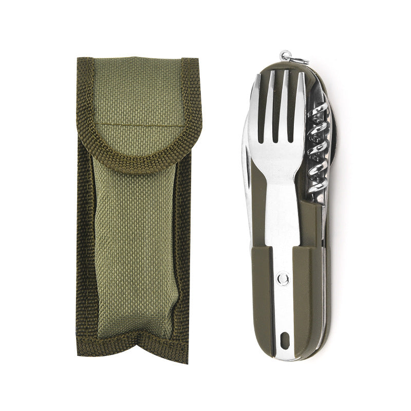 Load image into Gallery viewer, 7-in-1 multifunctional stainless steel foldable outdoor camp tableware: fork, spoon, knife. Survival tools for picnic, camping.
