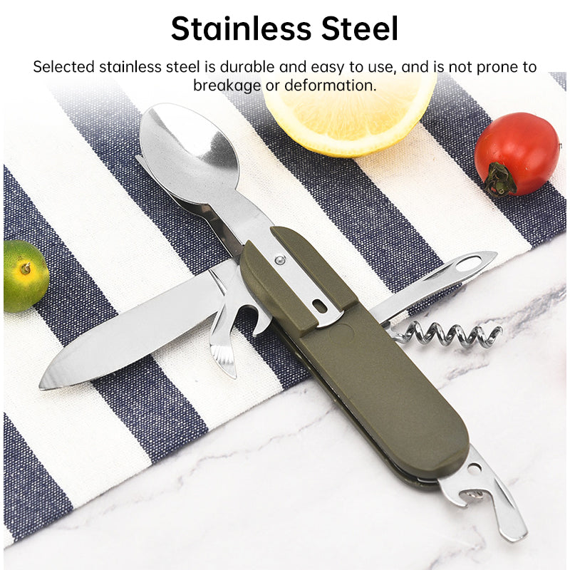 Load image into Gallery viewer, 7-in-1 multifunctional stainless steel foldable outdoor camp tableware: fork, spoon, knife. Survival tools for picnic, camping.
