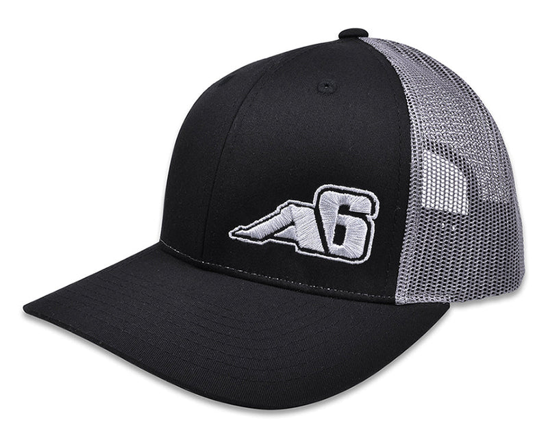 Load image into Gallery viewer, Low Pro Trucker Snap-Back Hat - Black/Grey with A6™ Embroidered Logo
