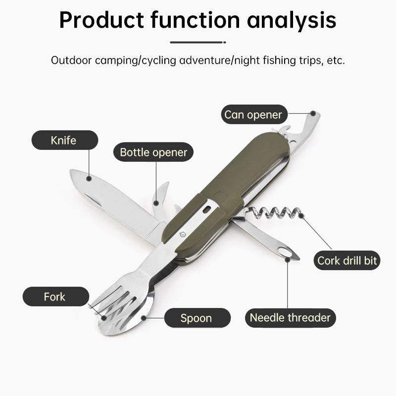 Load image into Gallery viewer, 7-in-1 multifunctional stainless steel foldable outdoor camp tableware: fork, spoon, knife. Survival tools for picnic, camping.

