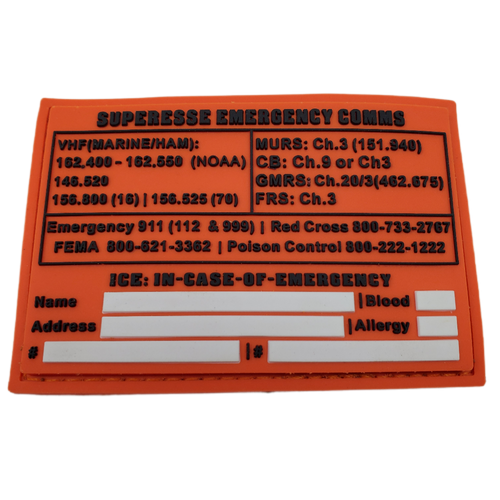 Storage Pocket Patch:  Emergency Comms with Radio Frequency/Channel and Telephone Contact Numbers, ICE Card