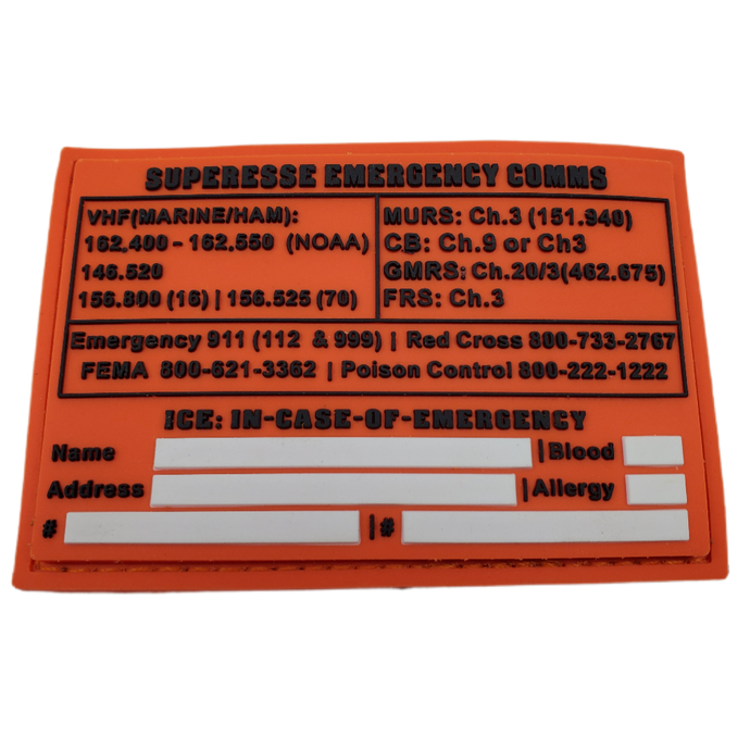 Storage Pocket Patch:  Emergency Comms with Radio Frequency/Channel and Telephone Contact Numbers, ICE Card