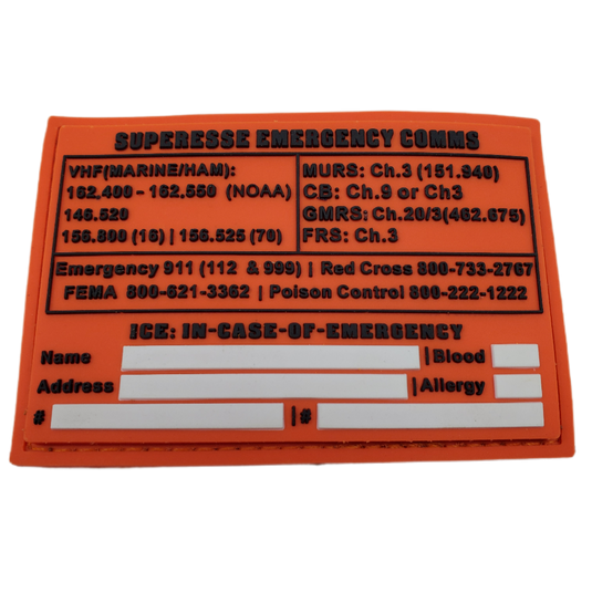 Storage Pocket Patch:  Emergency Comms with Radio Frequency/Channel and Telephone Contact Numbers, ICE Card