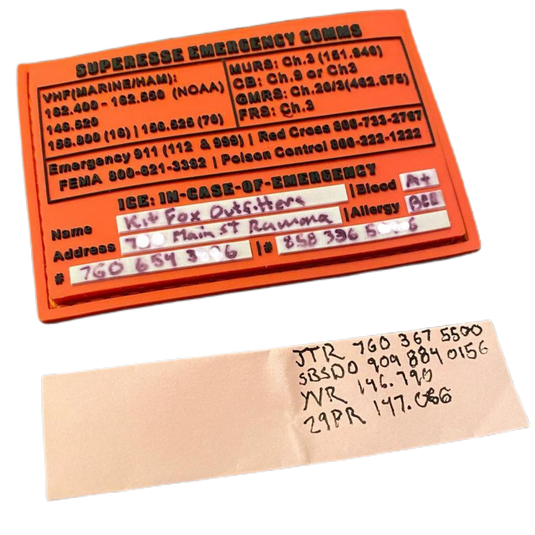 Storage Pocket Patch:  Emergency Comms with Radio Frequency/Channel and Telephone Contact Numbers, ICE Card
