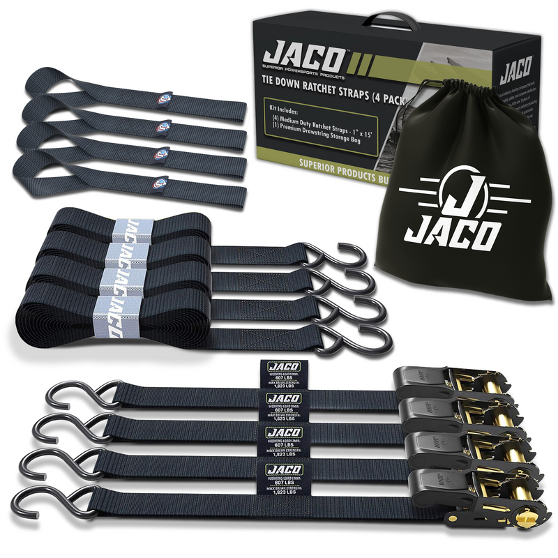 Load image into Gallery viewer, Tie Down Ratchet Straps (4 Pack) - 1 in x 15 ft | AAR Certified Break Strength (1,823 lbs) | Cargo Tie Down Set
