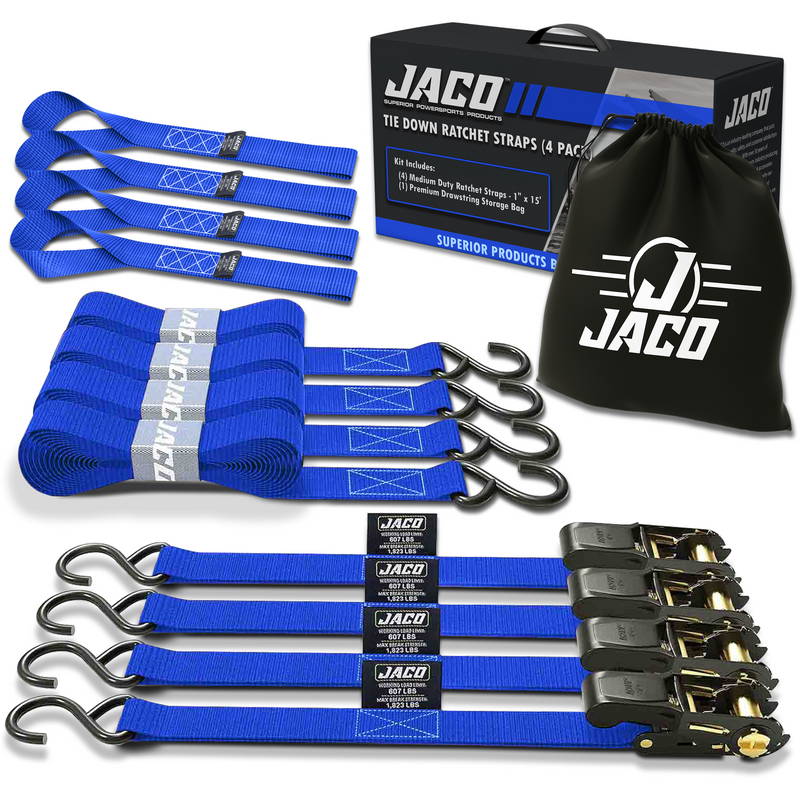 Load image into Gallery viewer, Tie Down Ratchet Straps (4 Pack) - 1 in x 15 ft | AAR Certified Break Strength (1,823 lbs) | Cargo Tie Down Set
