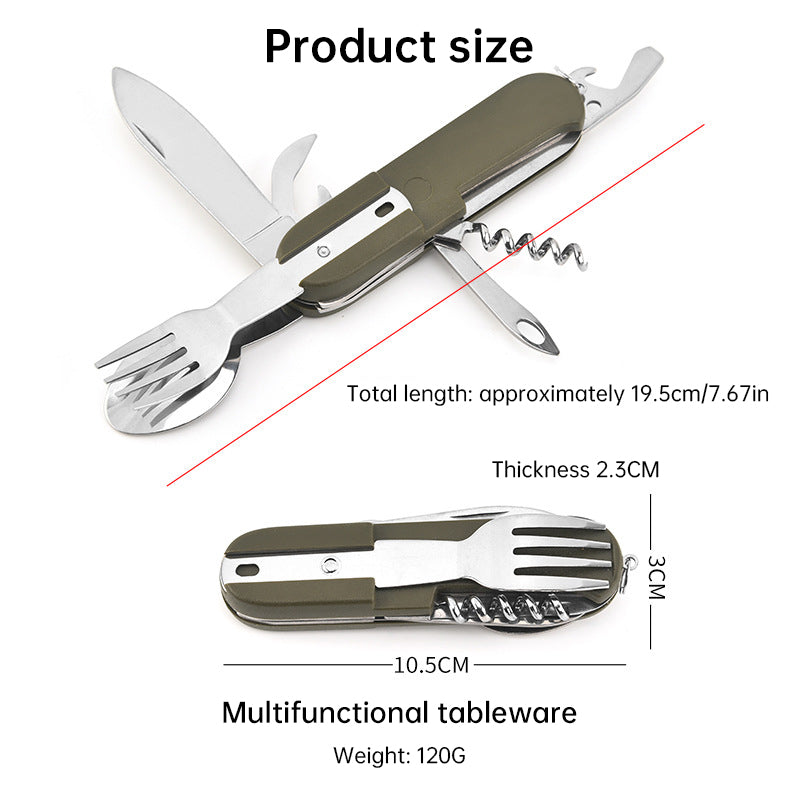 Load image into Gallery viewer, 7-in-1 multifunctional stainless steel foldable outdoor camp tableware: fork, spoon, knife. Survival tools for picnic, camping.
