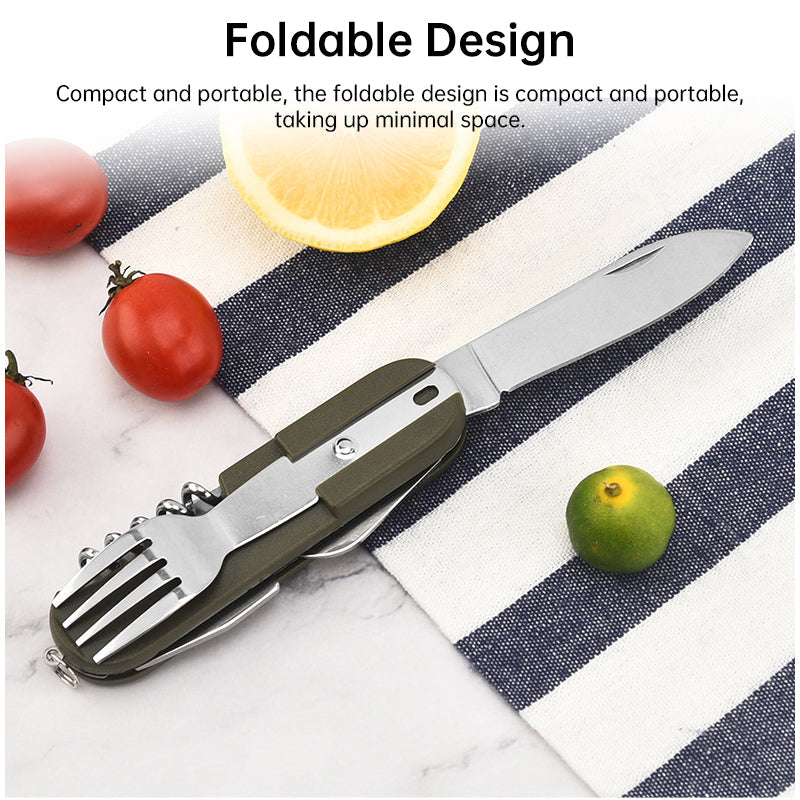 Load image into Gallery viewer, 7-in-1 multifunctional stainless steel foldable outdoor camp tableware: fork, spoon, knife. Survival tools for picnic, camping.
