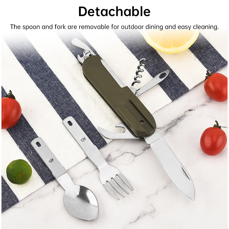 Load image into Gallery viewer, 7-in-1 multifunctional stainless steel foldable outdoor camp tableware: fork, spoon, knife. Survival tools for picnic, camping.
