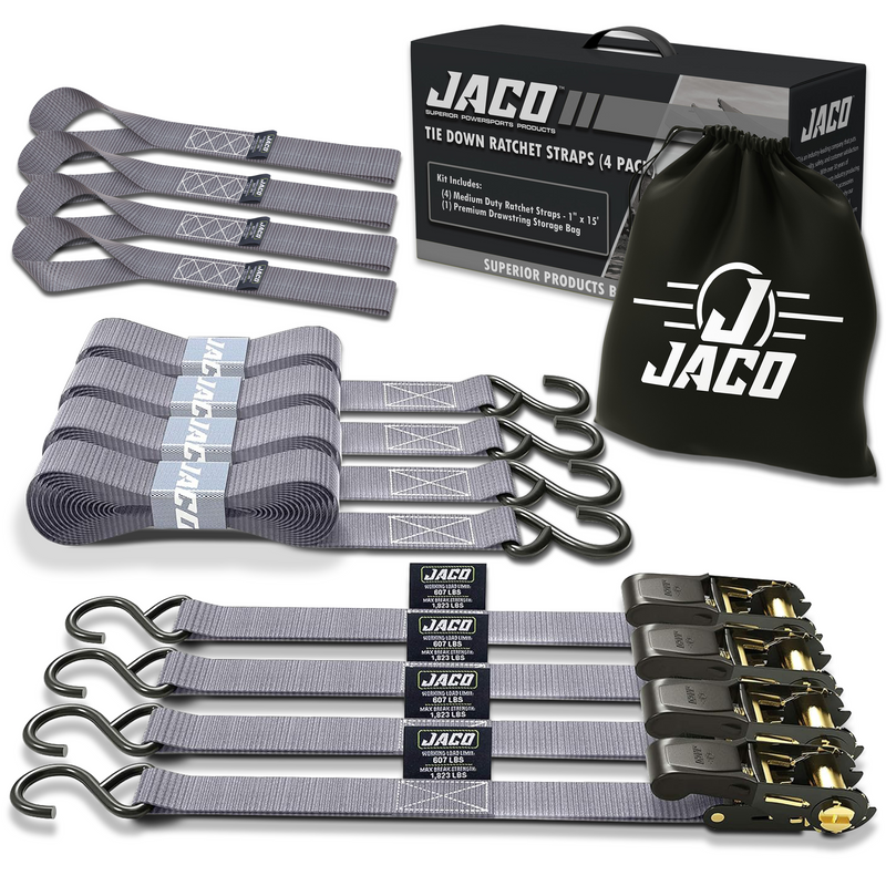 Load image into Gallery viewer, Tie Down Ratchet Straps (4 Pack) - 1 in x 15 ft | AAR Certified Break Strength (1,823 lbs) | Cargo Tie Down Set
