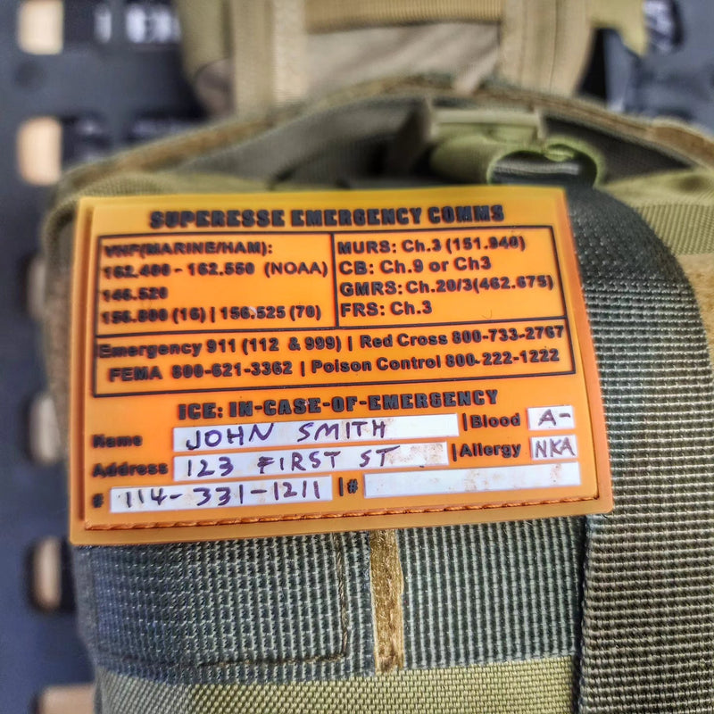 Load image into Gallery viewer, Storage Pocket Patch:  Emergency Comms with Radio Frequency/Channel and Telephone Contact Numbers, ICE Card
