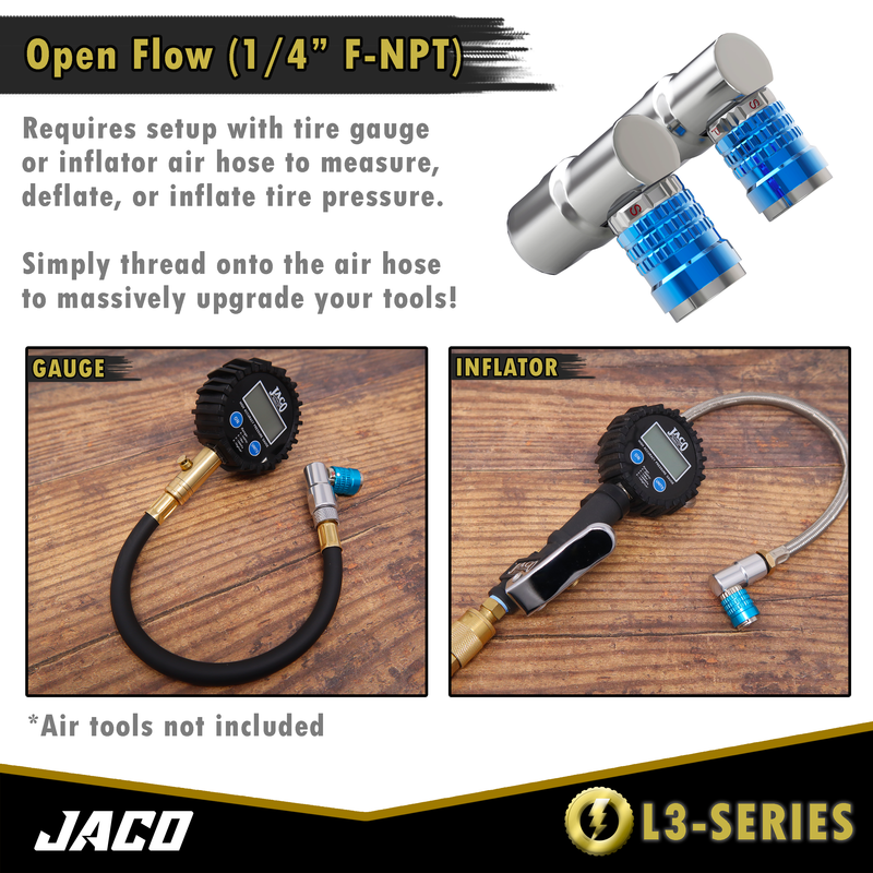Load image into Gallery viewer, Lightning™ L3-Series Bike Tire Air Chuck - 1/4&quot; F-NPT (Presta + Schrader Valves) | Open Flow (2 Pack)

