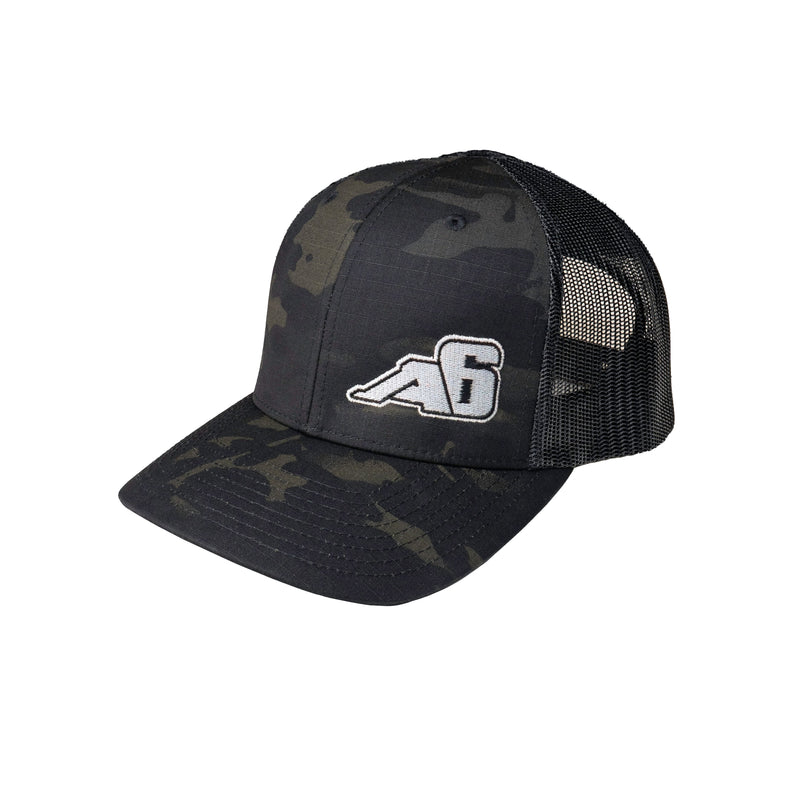 Load image into Gallery viewer, Low Pro Trucker Snap-Back Hat - Black/Grey with A6™ Embroidered Logo
