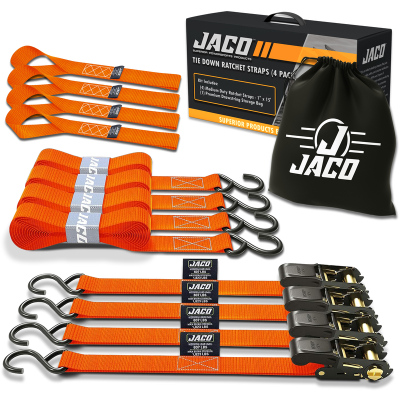 Load image into Gallery viewer, Tie Down Ratchet Straps (4 Pack) - 1 in x 15 ft | AAR Certified Break Strength (1,823 lbs) | Cargo Tie Down Set
