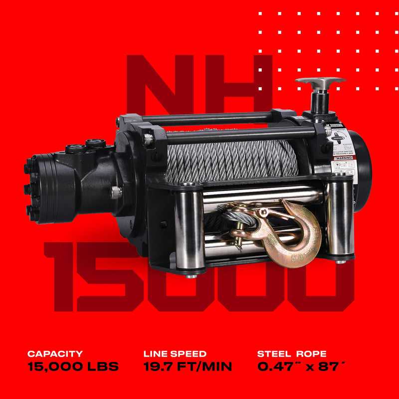 Load image into Gallery viewer, NH 15,000lb Industrial Hydraulic Winch - Steel Rope
