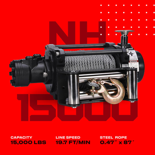 NH 15,000lb Industrial Hydraulic Winch - Steel Rope