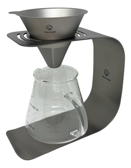 Valtcan Titanium Pour Over Coffee Set - Your Last Paper Filter Was Yesterday. 10,000+ laser-cut slots · Borosilicate glass carafe · Brews coffee & tea