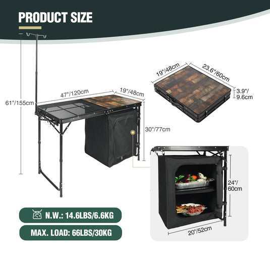 Portable Camping Kitchen Table with Storage Organizer for Outdoor