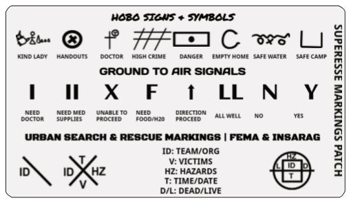 Load image into Gallery viewer, Markings and Signals Decal - Hobo Symbols, Ground to Air Signals, Search and Rescue Markings

