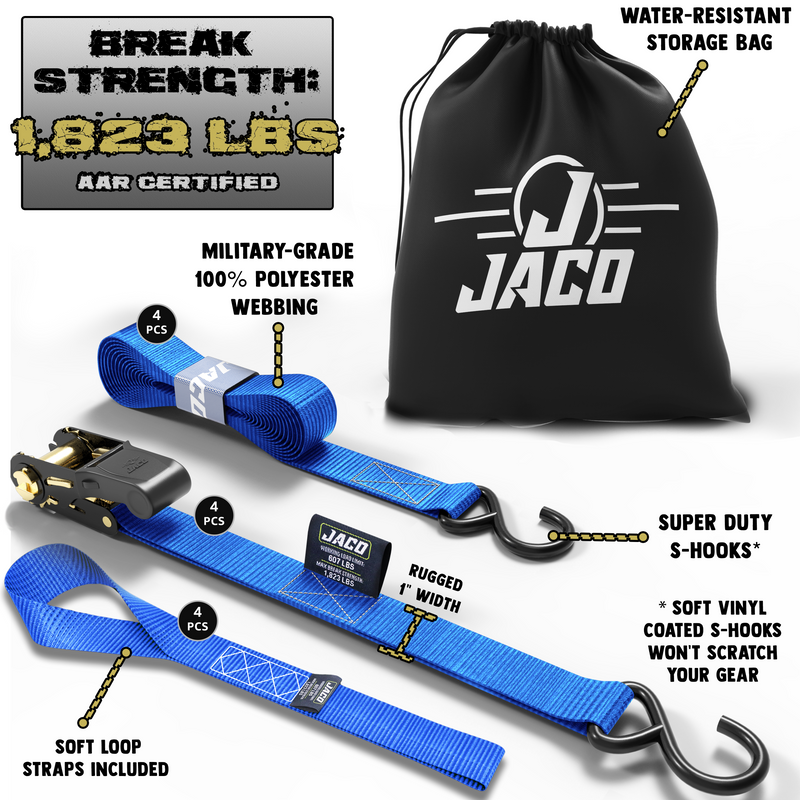 Load image into Gallery viewer, Tie Down Ratchet Straps (4 Pack) - 1 in x 15 ft | AAR Certified Break Strength (1,823 lbs) | Cargo Tie Down Set
