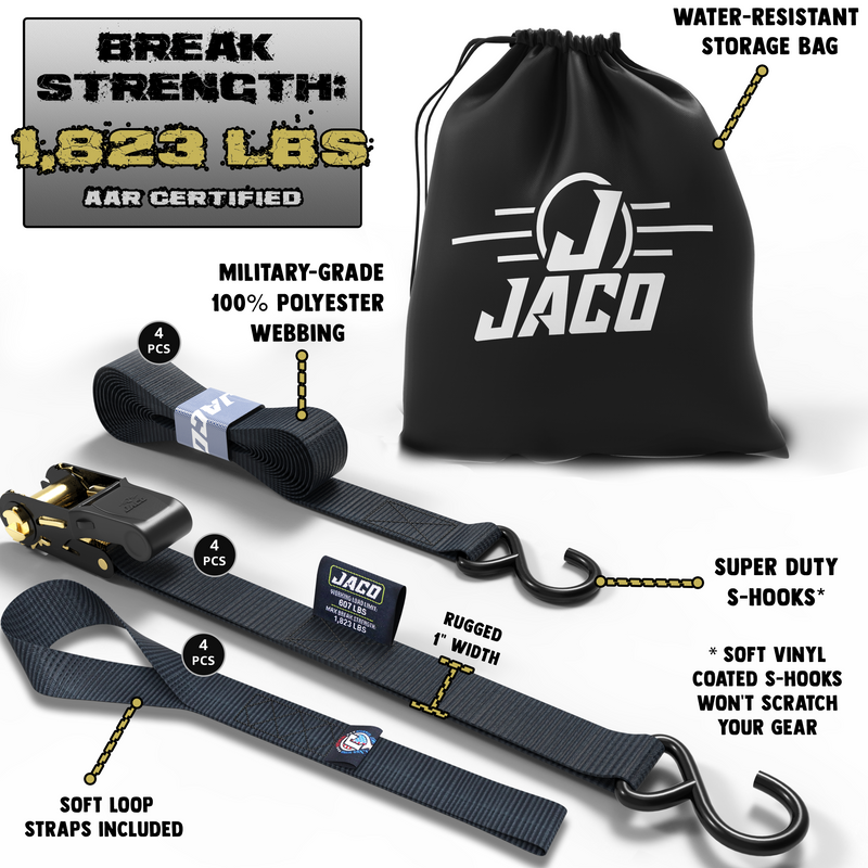 Load image into Gallery viewer, Tie Down Ratchet Straps (4 Pack) - 1 in x 15 ft | AAR Certified Break Strength (1,823 lbs) | Cargo Tie Down Set
